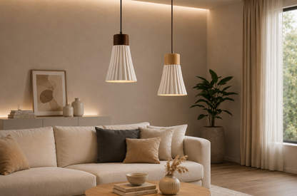 Mason Scandinavian Textured Ceramic Pendant Light with Wood Detail