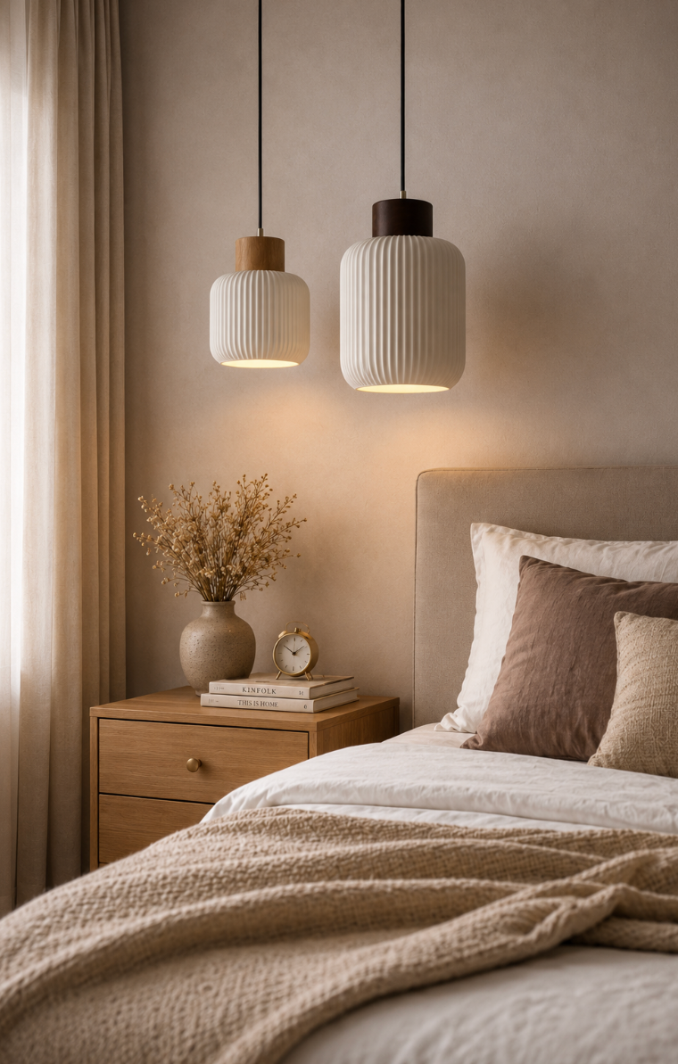 Edward Scandinavian Ribbed Ceramic Pendant Light with Wood Detail