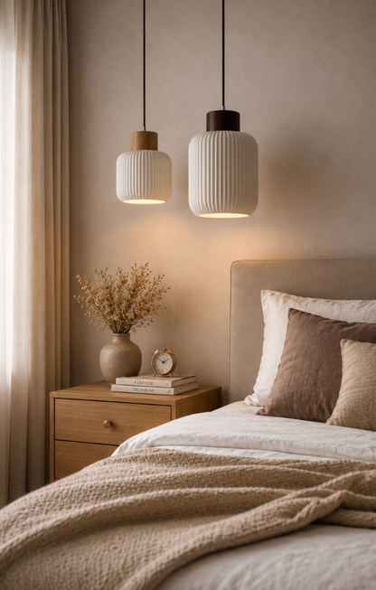 Edward Scandinavian Ribbed Ceramic Pendant Light with Wood Detail