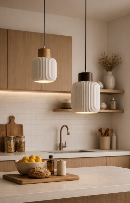 Edward Scandinavian Ribbed Ceramic Pendant Light with Wood Detail