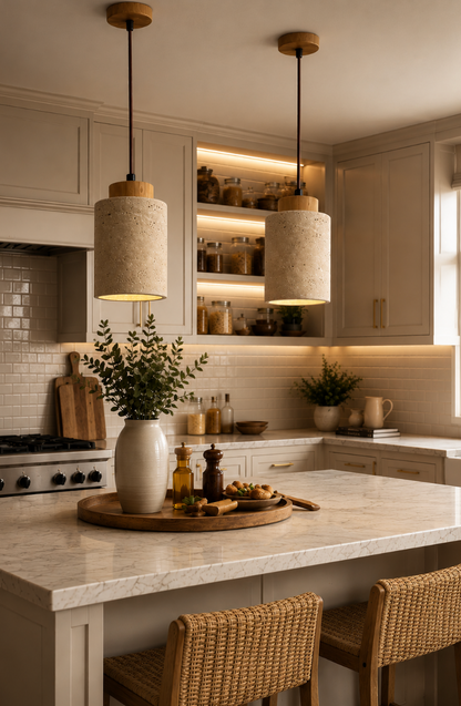 Finn Natural Travertine Pendant Light with Wood Details