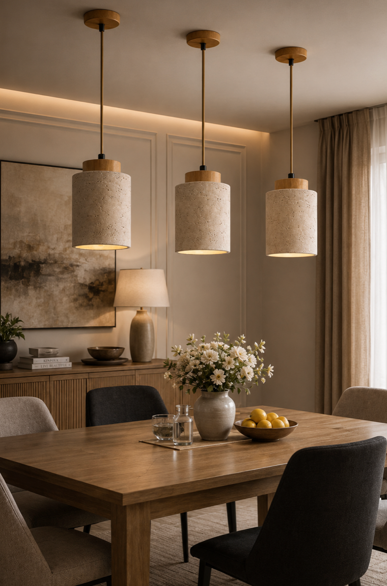 Finn Natural Travertine Pendant Light with Wood Details
