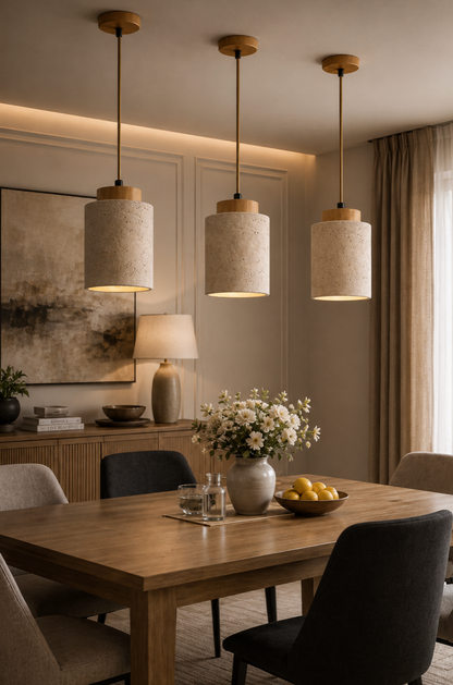 Finn Natural Travertine Pendant Light with Wood Details