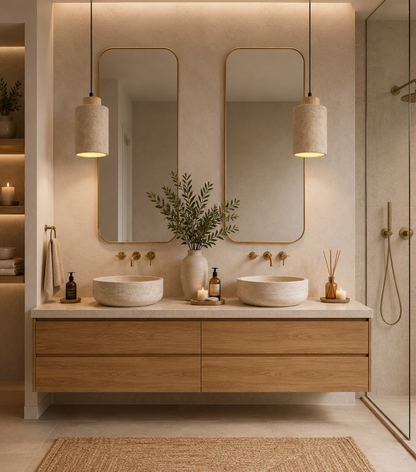 Finn Natural Travertine Pendant Light with Wood Details
