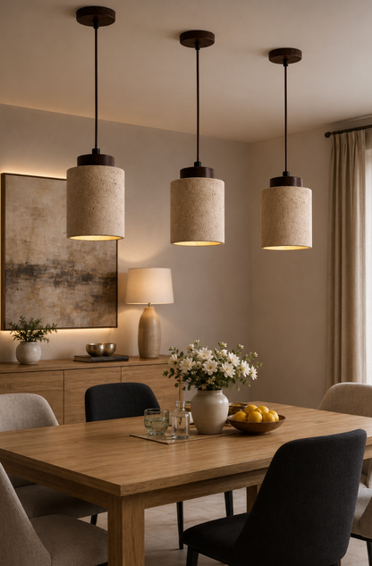 Finn Natural Travertine Pendant Light with Wood Details