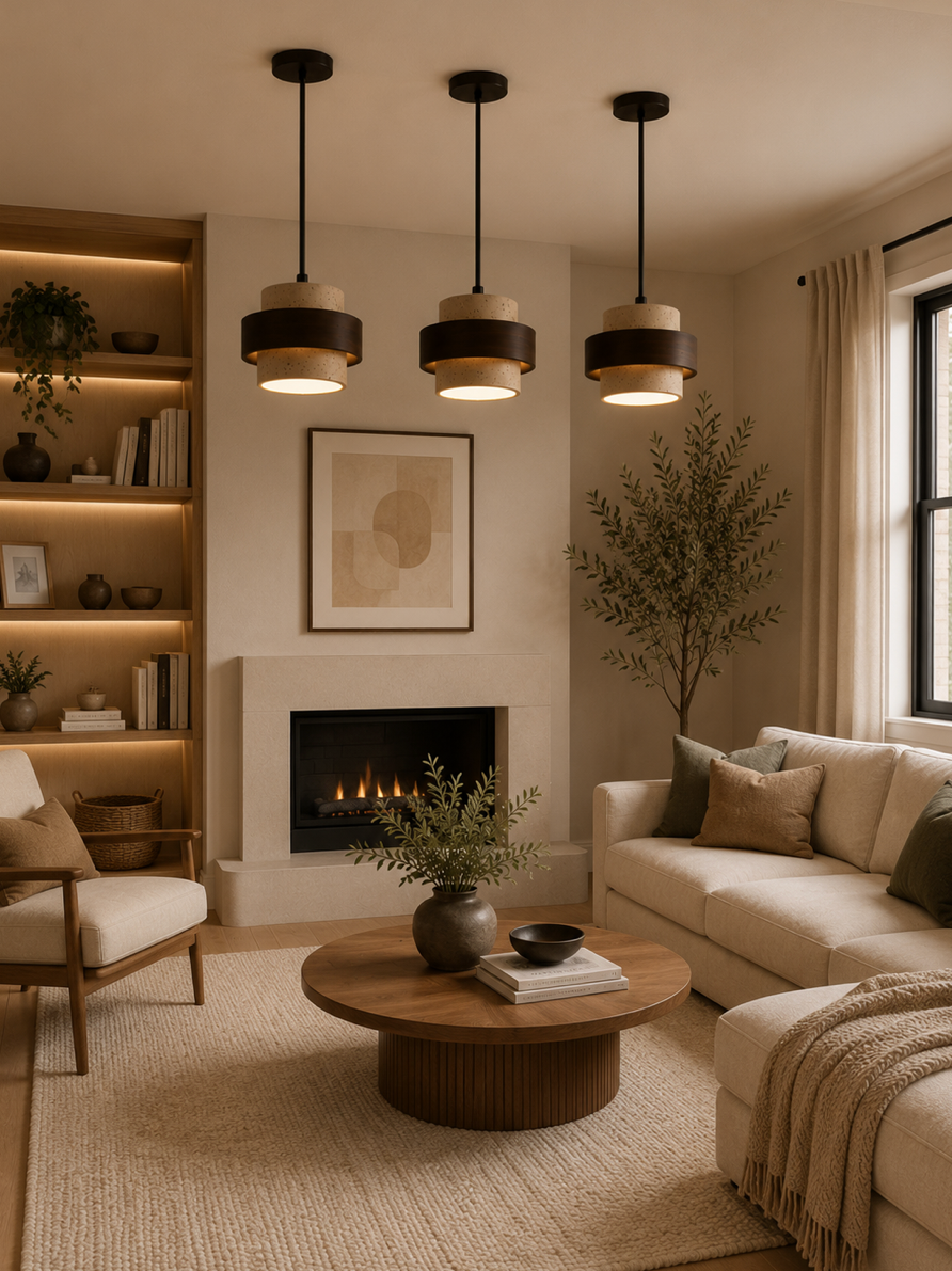 Milo Natural Travertine and Walnut Wood Pendant Light