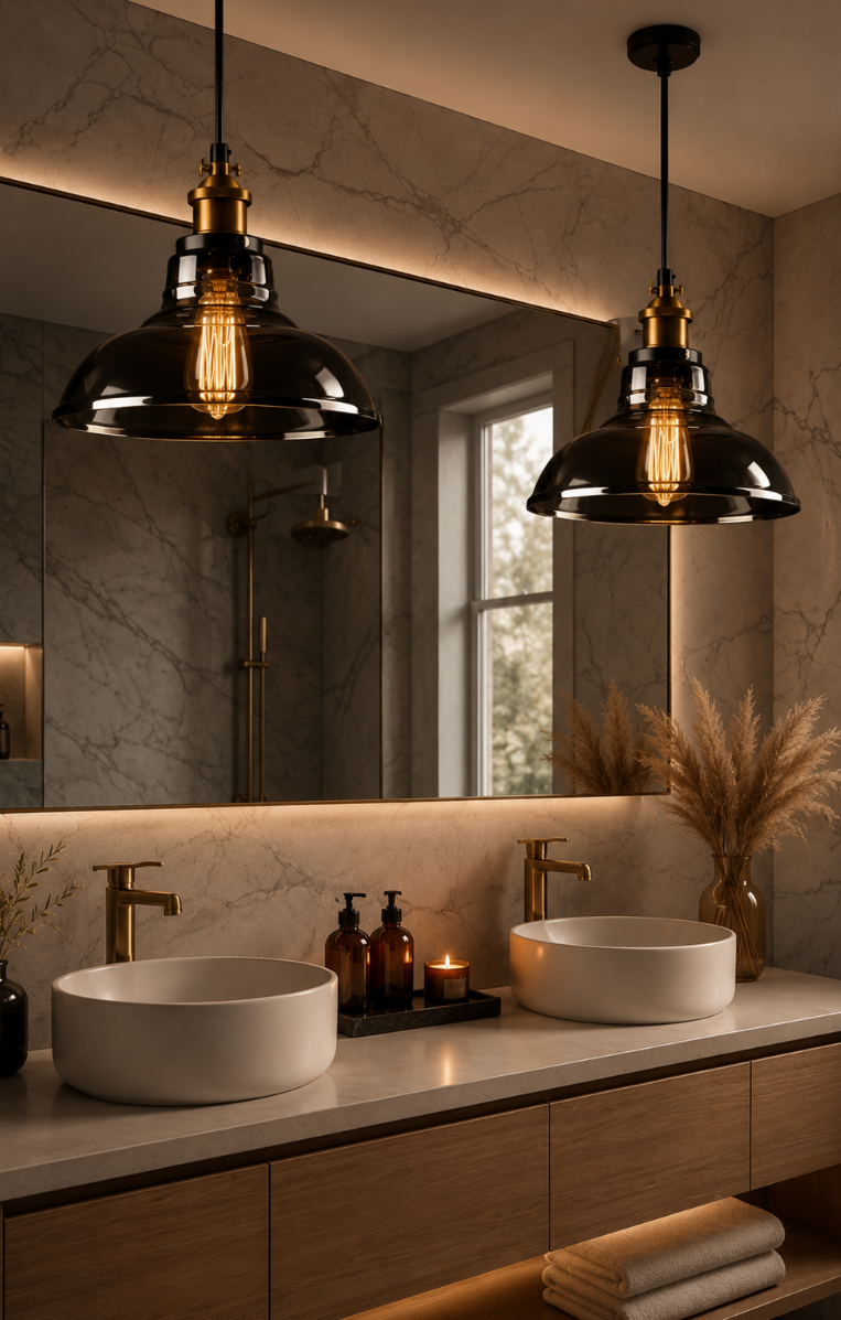 Thomas Industrial Smoke Grey Glass Pendant Light with Brass Details