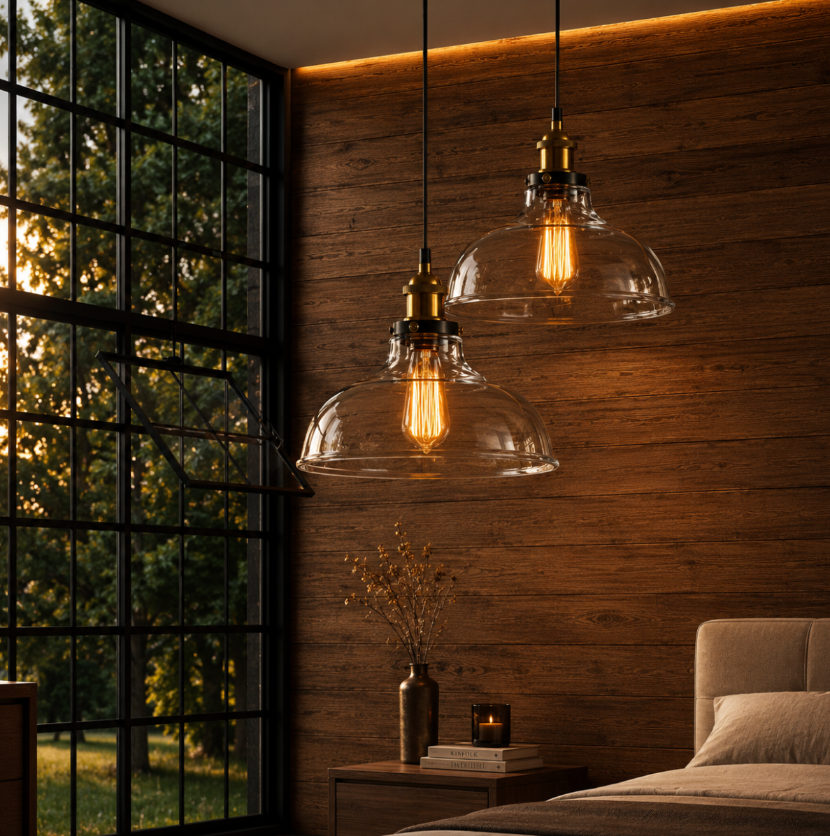 Thomas Industrial Smoke Grey Glass Pendant Light with Brass Details