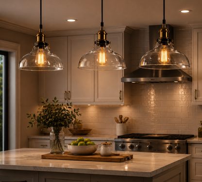 Thomas Industrial Smoke Grey Glass Pendant Light with Brass Details
