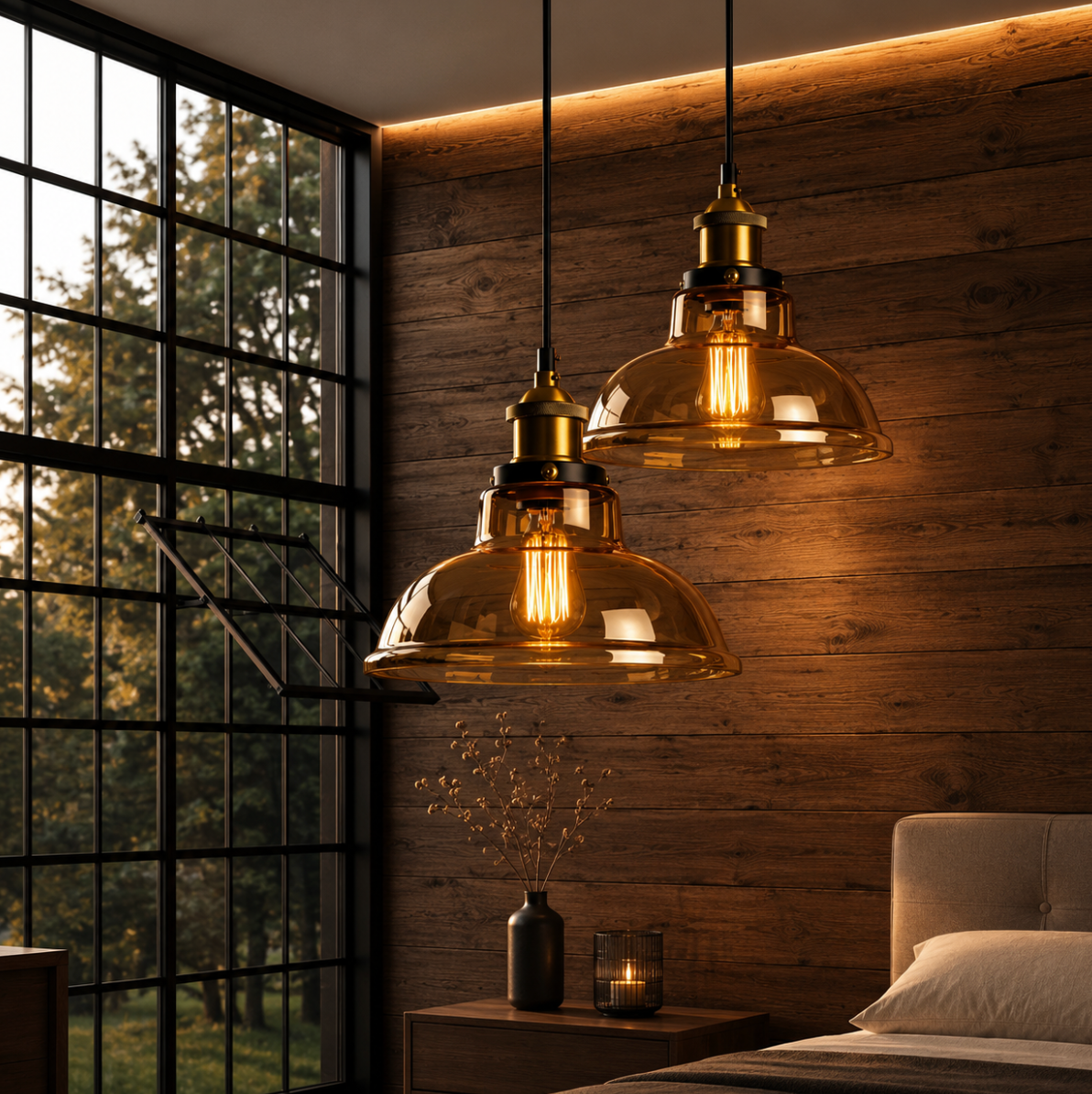 Thomas Industrial Smoke Grey Glass Pendant Light with Brass Details