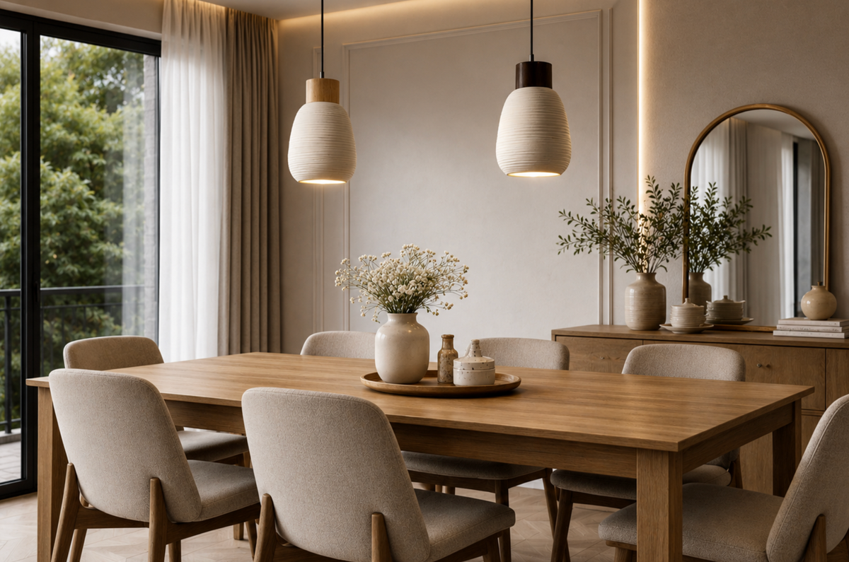 James Scandinavian Ceramic Pendant Light with Wood Detail