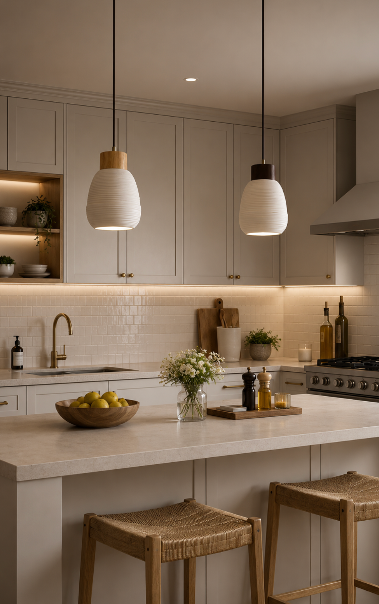 James Scandinavian Ceramic Pendant Light with Wood Detail