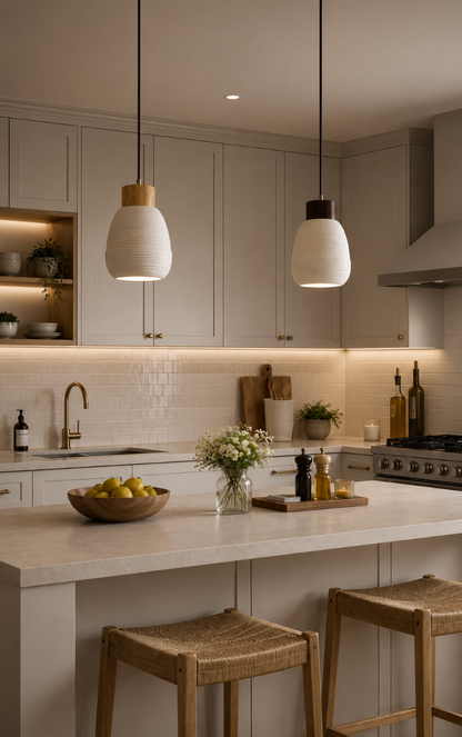 James Scandinavian Ceramic Pendant Light with Wood Detail
