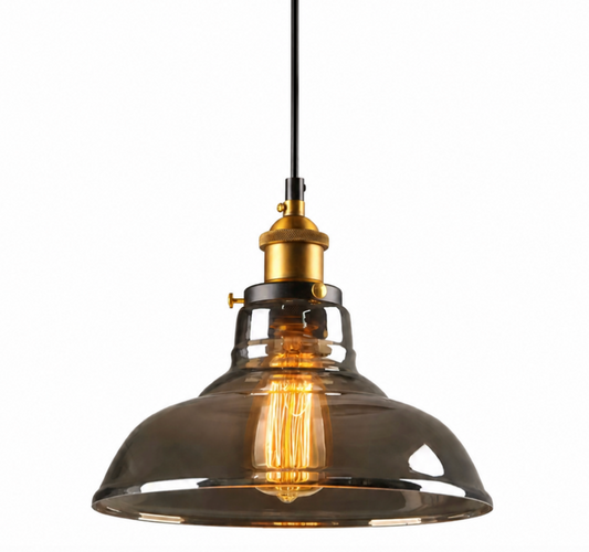 Thomas Industrial Smoke Grey Glass Pendant Light with Brass Details