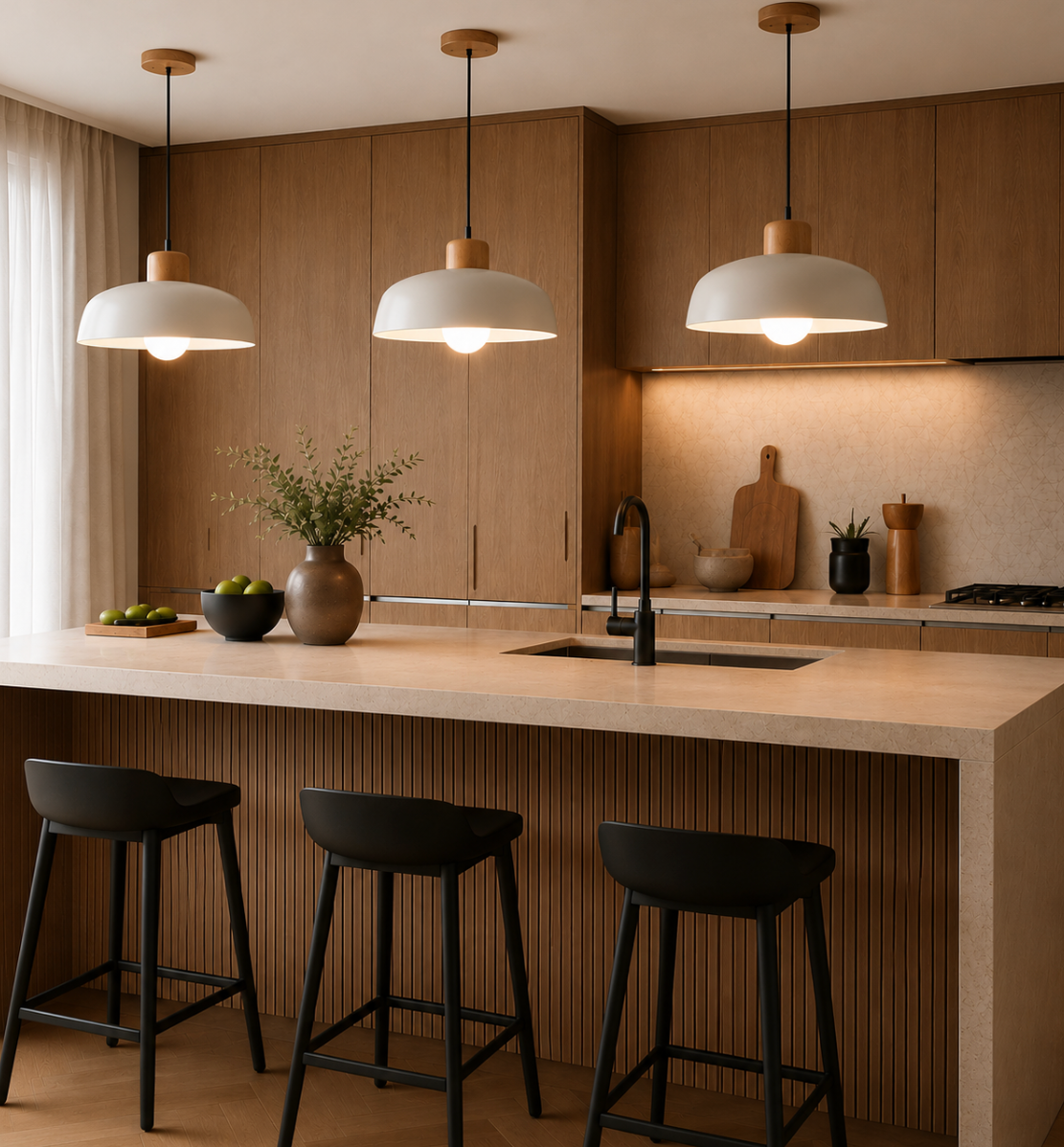 Jake Scandinavian Metal Dome Pendant Light with Wood Detail