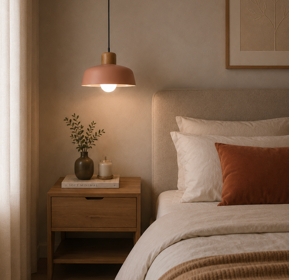 Jake Scandinavian Metal Dome Pendant Light with Wood Detail