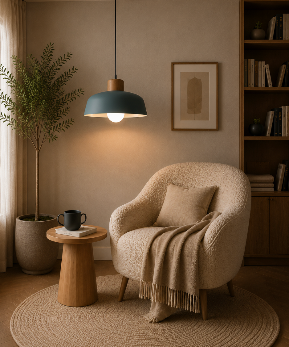 Jake Scandinavian Metal Dome Pendant Light with Wood Detail