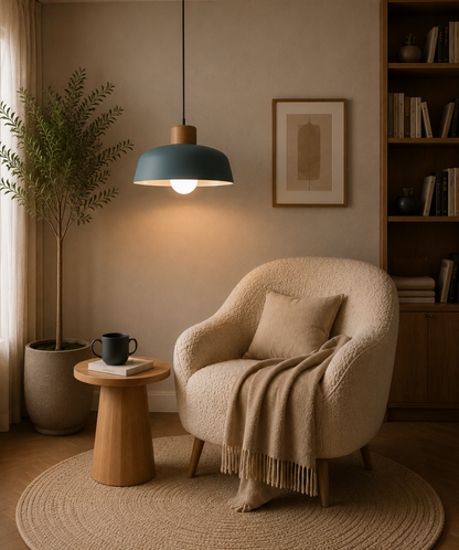 Jake Scandinavian Metal Dome Pendant Light with Wood Detail