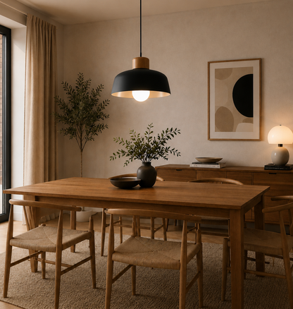 Jake Scandinavian Metal Dome Pendant Light with Wood Detail
