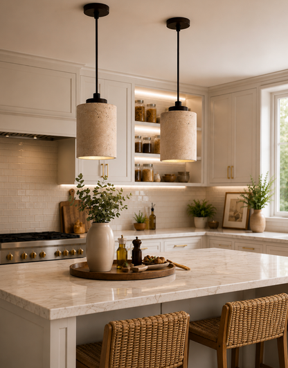 Finn Natural Travertine Pendant Light with Wood Details