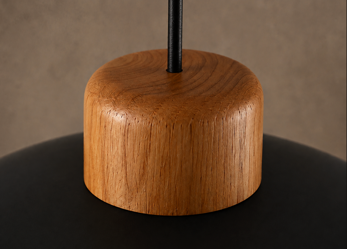Jake Scandinavian Metal Dome Pendant Light with Wood Detail