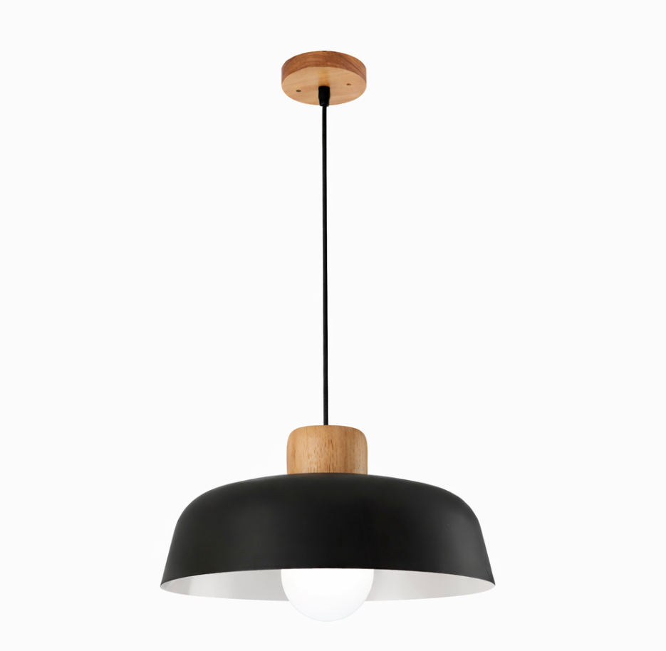Modern Scandinavian Metal Pendant Light with Wooden Detail - Jake