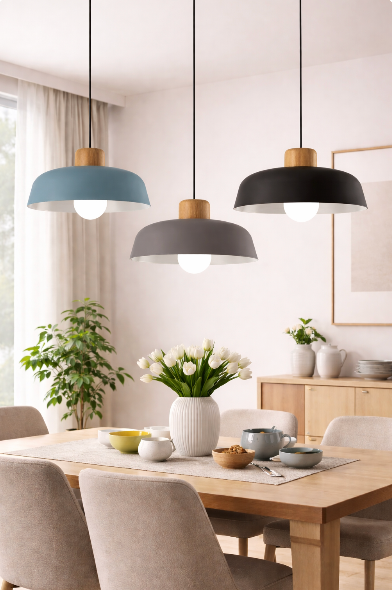 Modern Scandinavian Metal Pendant Light with Wooden Detail - Jake