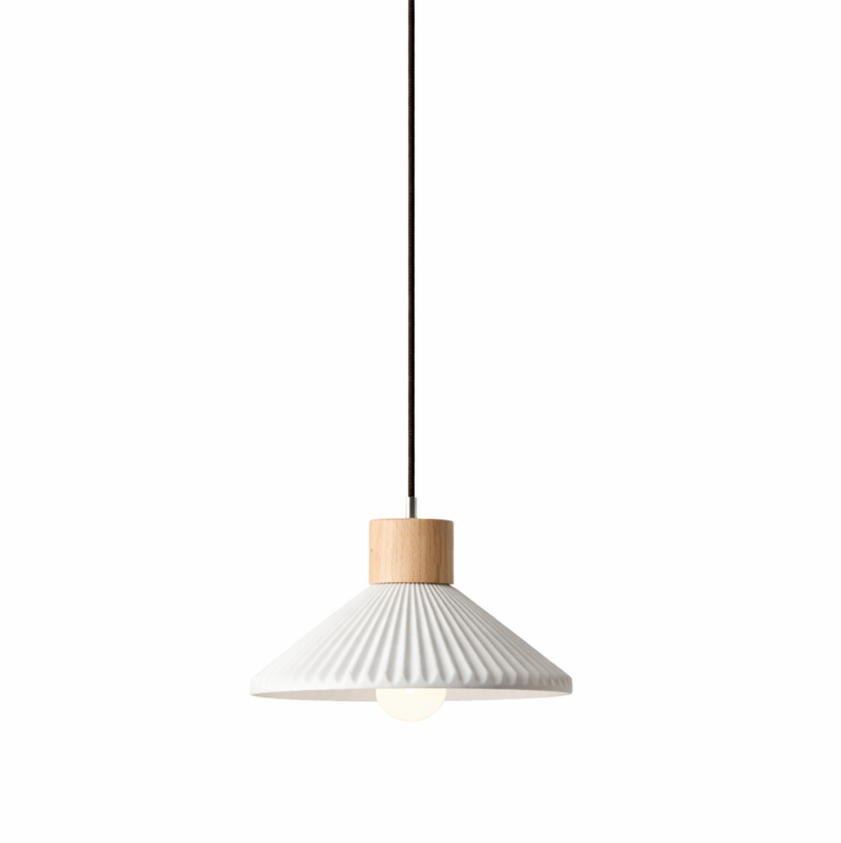 Arthur Scandinavian Grooved Ceramic Pendant Light with Wood Detail