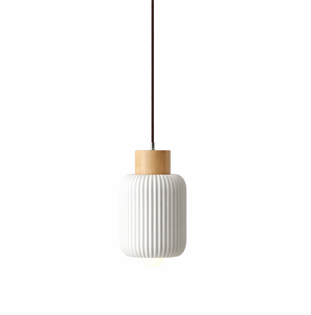 Modern Scandinavian Ceramic Pendant Light with Wooden Accent – Edward