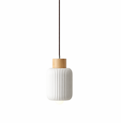 Edward Scandinavian Ribbed Ceramic Pendant Light with Wood Detail