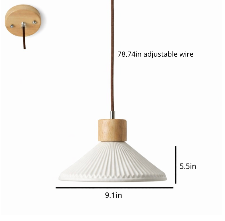 Arthur Scandinavian Grooved Ceramic Pendant Light with Wood Detail