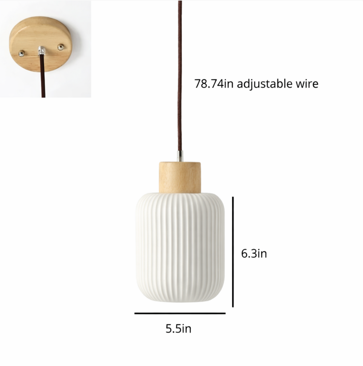 Edward Scandinavian Ribbed Ceramic Pendant Light with Wood Detail