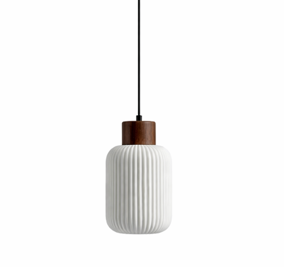 Edward Scandinavian Ribbed Ceramic Pendant Light with Wood Detail