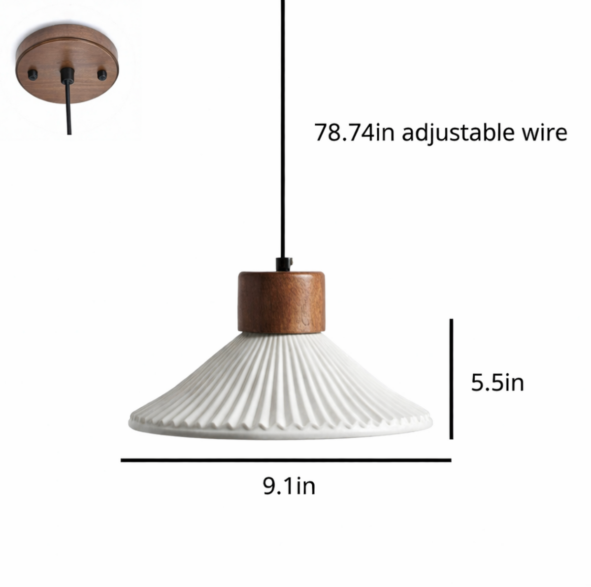 Arthur Scandinavian Grooved Ceramic Pendant Light with Wood Detail