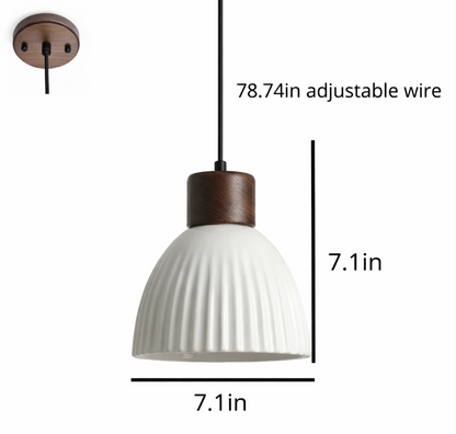 George Scandinavian Textured Ceramic Pendant Light with Wood Detail