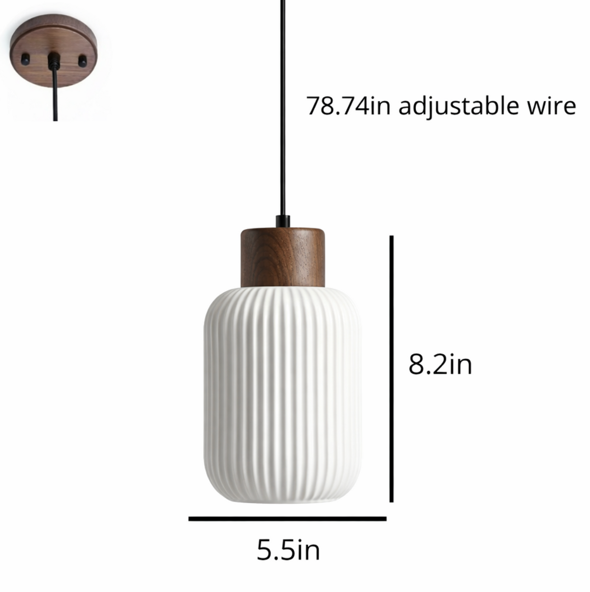Edward Scandinavian Ribbed Ceramic Pendant Light with Wood Detail