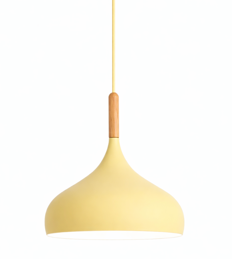 Modern Scandinavian Colored Pendant Light with Wooden Detail – Elliot