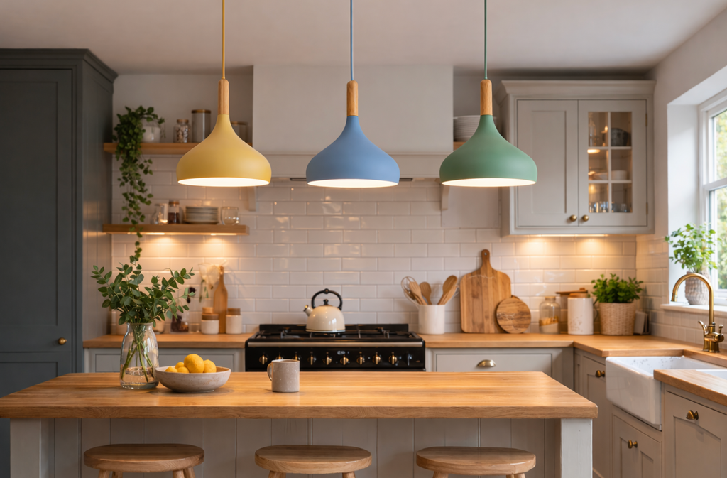 Modern Scandinavian Colored Pendant Light with Wooden Detail – Elliot