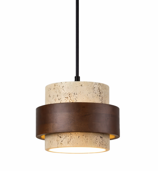 Milo Natural Travertine and Walnut Wood Pendant Light