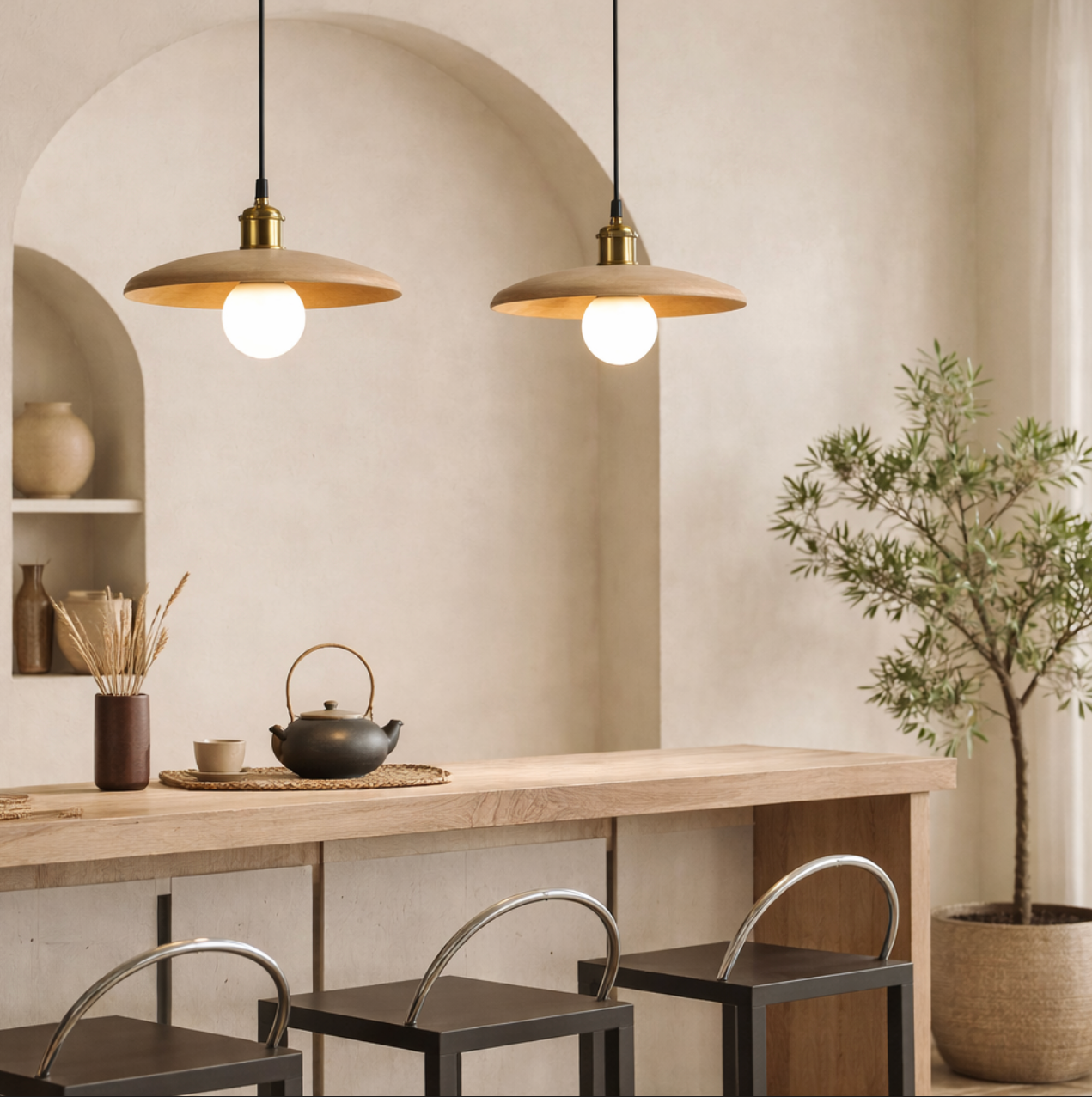 Minimalist Wooden Pendant Light with Brass Accent – Luke